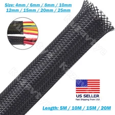 5M PET Expandable Braided Sleeving Black Cable Wire Loom Tubing Sleeve 3/8" 1/2"