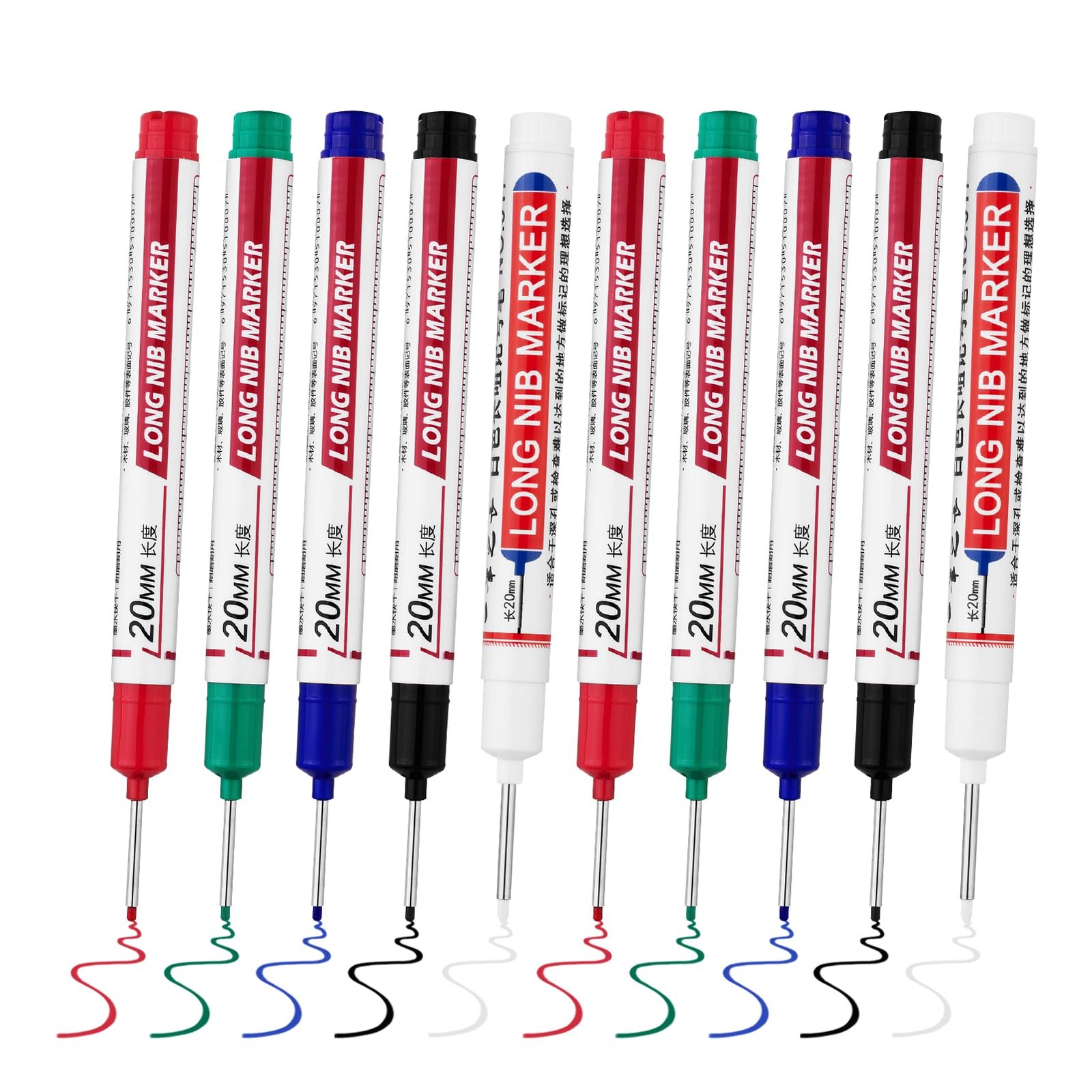 10-Pack Long Head Deep Hole Marker Pens 20mm Waterproof Perm