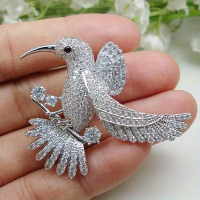 Silver Tone Rhinestone Hummingbird Brooch Pin Crystal Bird Statement Jewelry
