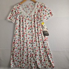 Vintage Vanity Fair Floral Nightgown Lace Trim Pockets White Red Blue M 31471