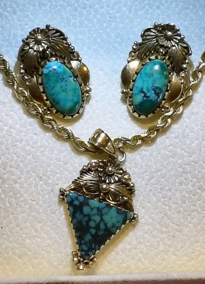  Vintage Native American Navajo 14k YG Lone Mountain Turquoise Set ''Rare''