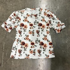 Floral Ruffle Sleeve Round Neck Blouse White Brown Green Short Sleeve