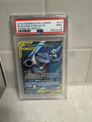 2019 POKEMON SUN & MOON COSMIC ECLIPSE #214 FULL ART/BLASTOISE & PIPLUP GX PSA 9