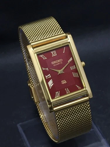 Vintage Seiko Slim Tank Quartz Men Red Dial Dress Watch-Free DDP Shipping
