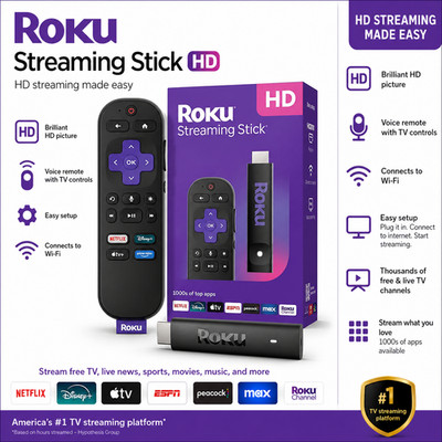 Roku Streaming Stick HD   Smart TV HDMI Device w/ Voice Remote & Free Live TV