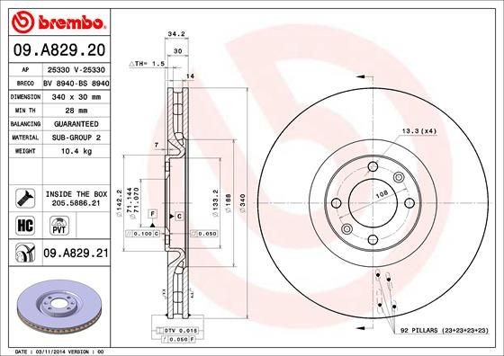 Disques de frein Brembo 09.A829.21 anti-vibration contre le voilage thermique