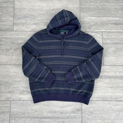 IZOD Mens Hooded Sweater 2X Fair Isle Knit Blue Green 100% Cotton Cabincore Ski