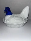 Vtg FENTON Hen On Nest Slag Milk Glass W/ Cobalt Blue Head Chicken Dish 4-1/8"T