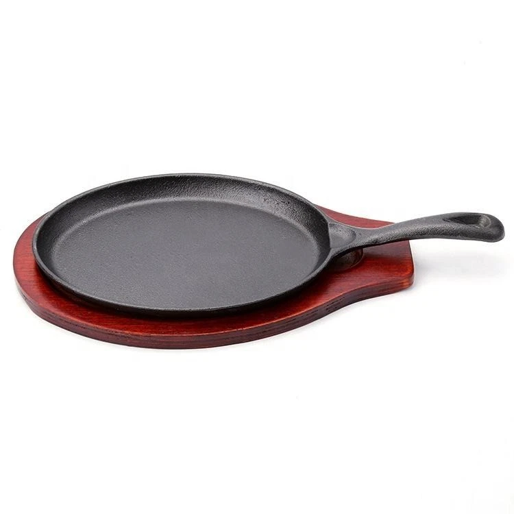 Two-Piece Cast Iron Oval Fajita Skillet Steak Platter (9¼"L x 7"W) w/ Wood Liner