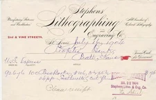 U.S. STEPHENS LITHOGRAPHING & ENGRAVING CO. 1904 Paid Cancel Invoice Ref 45368