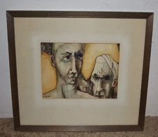Vintage Pen & Ink Watercolor Drawing - 2 Men - D. Spangler - 1964