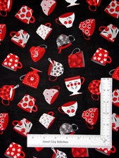 Tea Cups Strawberry Cherry Fabric Cotton Let's Partea by Blank Textiles Yard