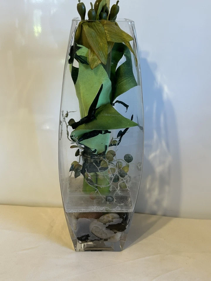 large thick Clear glass planter/vase  with faux plant Terrarium? rock bottom 14" - Image 2 of 4