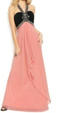 XSCAPE ~ Coral & Black Chiffon Halter Embellished Draped Formal Gown 2 NEW $229