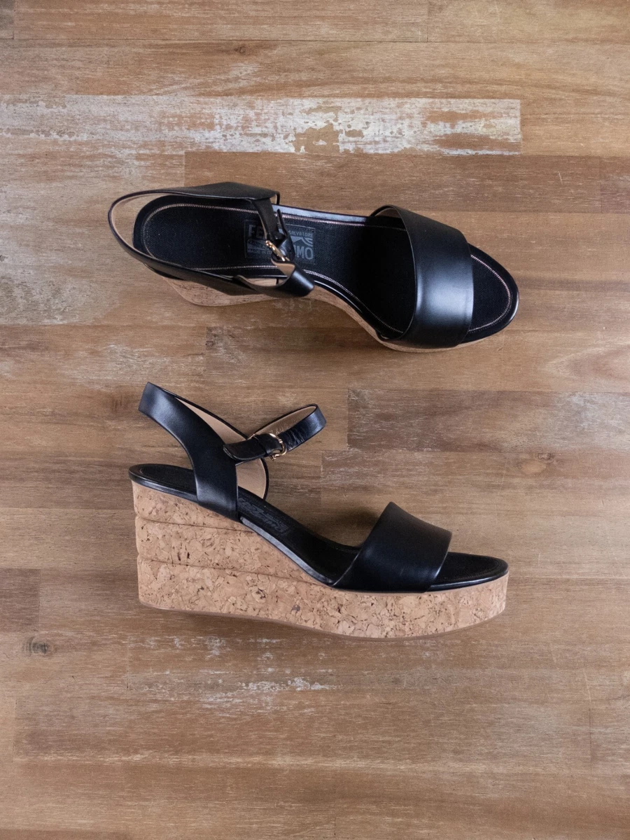 SALVATORE FERRAGAMO Madea black leather cork platform wedge sandals 10 authentic