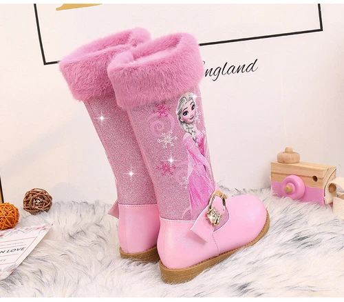 New Kids Girls Elsa Princess Winter Warm Long Snow Boots Fur Lined Sequins Shoes - Picture 16 of 36