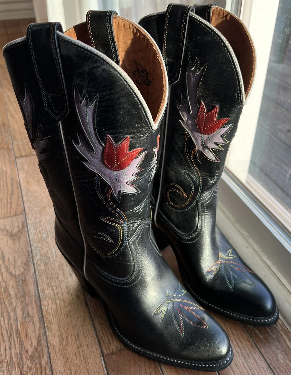 Miss Capezio NEW Vintage Size 8 black leather cowboy boots floral tulip design