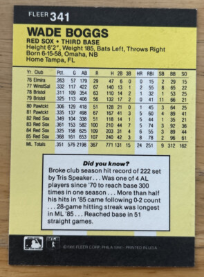 1986 Fleer Wade Boggs Baseball Card #341 Red Sox Third Base HOF