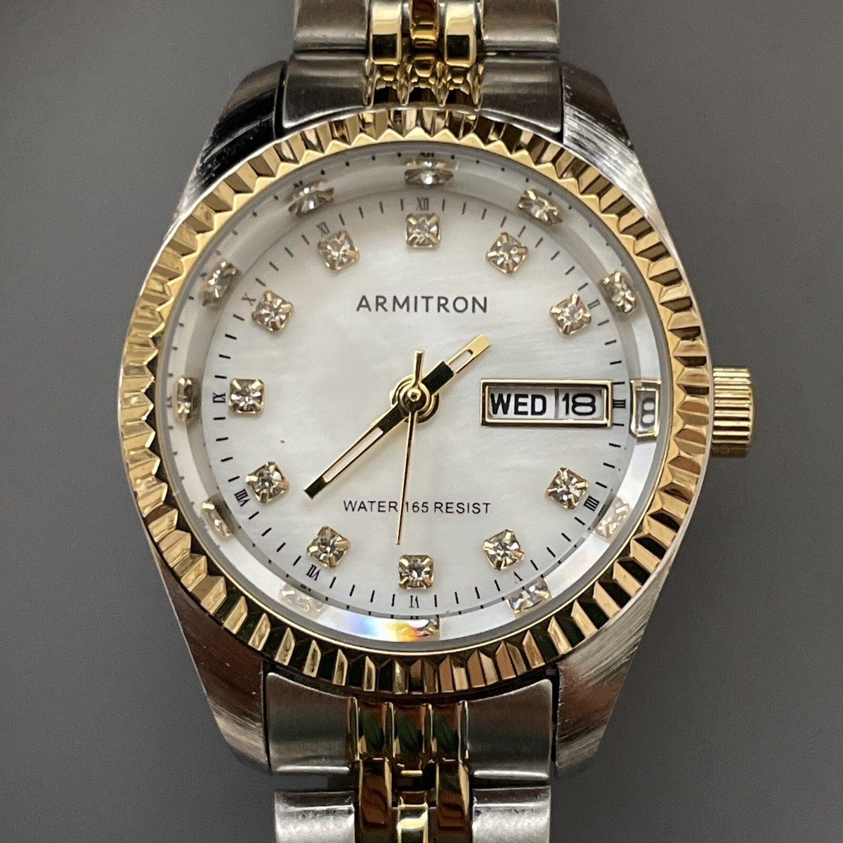 Armitron Watch Women 25mm Silver Gold Tone Day Date MOP  display picture 3