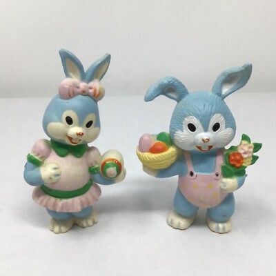 Blue Bunny Rabbits Girl Boy Couple FIgurines Eggs Basket Flowers Small Free S/H