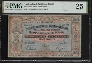 Switzerland 20 Franken 1923 PMG 25 P# 33a Printer: OFZ PMG Population 1/1.