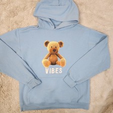 Fashion Nova Blue Hoodie Sweatshirt "Vibes" Teddy Bear Size Medium Unisex