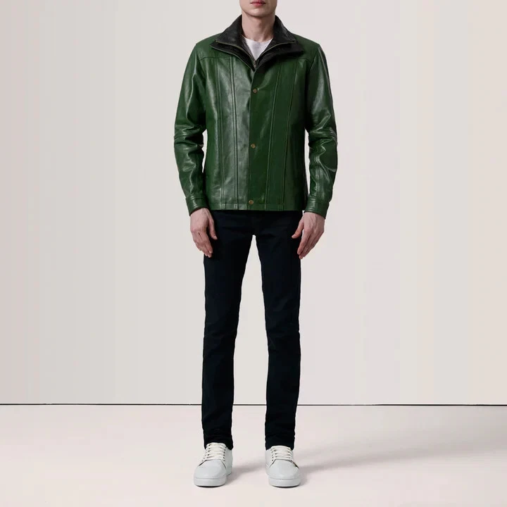 Forest Green Genuine Leather Jacket Classic Casual Winter Coat Button Front - product detail image 2