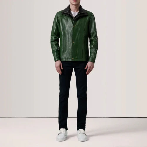 Forest Green Genuine Leather Jacket Classic Casual Winter Coat Button Front image 2