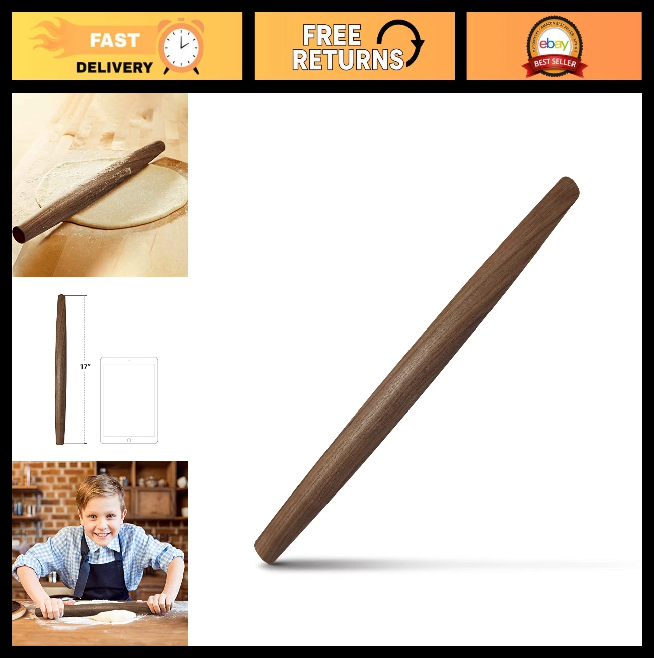 17" Wooden French Rolling Pin - Tapered Design for Fondant, Pie Crust, Dough, Pa
