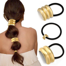 3PCS Gold Hair Ties, Metal Hair Ties for Thick Hair, Elegant Durable Geometric D