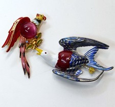 TWO CORO Enamel Bird Brooches Metallic 1941  Pin Parrot Swallow Brooches