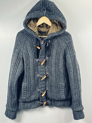 Schott NYC Heavy Cable Knit Duffle Cardigan Mens Large Grey Jacket Sherpa Lined
