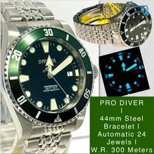 44mm Auto | Green/Black Bezel | Steel Bracelet | W/R 30ATM |PRO DIVER Mens Watch