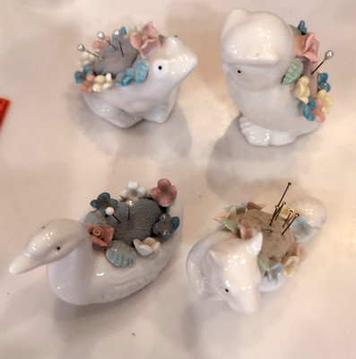 Lot Of 4 Porcelain Animal Pincushions w/Flowers Frog Owl Swan Squirrel 2''-3'' Ht