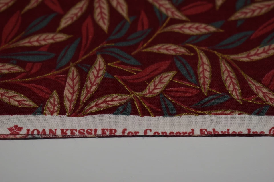 100% Cotton CONCORD FABRICS 22.5" x 43" JOAN KESSLER fall leaves burgundy Vtg - Image 3 of 4