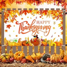 Happy Thanksgiving Day Backdrop Thanksgiving Banner Turkey Maple Leaves Pumpk...