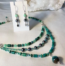 SS .925 CHRYSOPRASE CHRYSOCOLLA TAHITIAN PEARL NECKLACE  3 STRANDS & EARRINGS