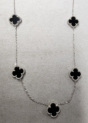 Black  Clover Station Necklace 16''+2'' Sterling Silver