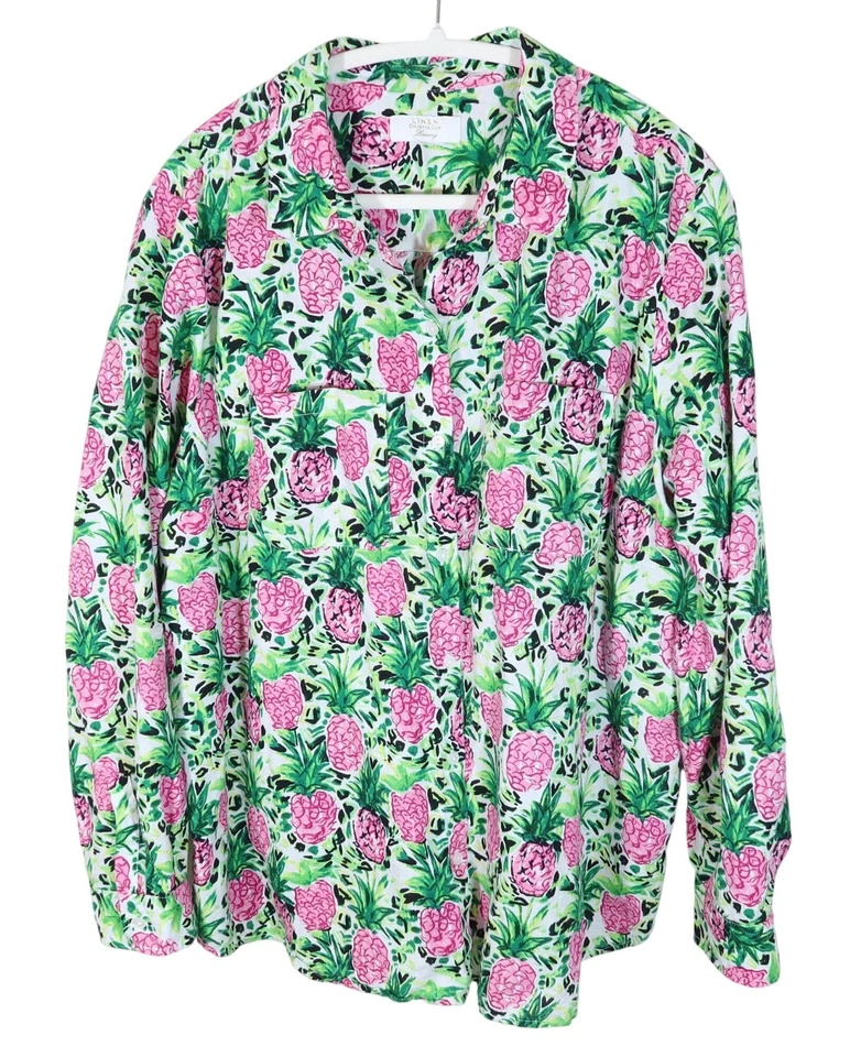 Top con botones manga enrollable mezcla de lino estampado piña CHARTER CLUB talla XL Foto 2 de 4