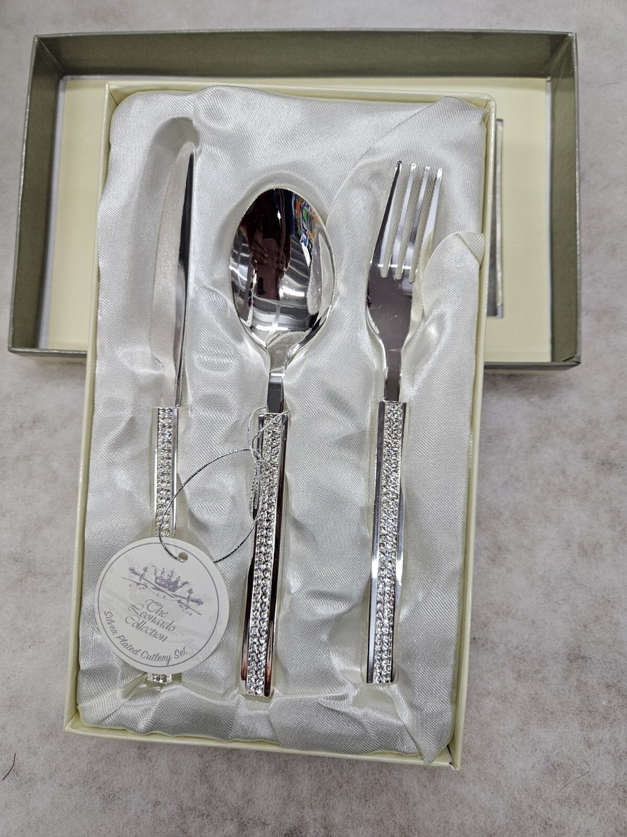 Silver Plated Baby Diamante Cutlery Set With Knife Fork Spoon