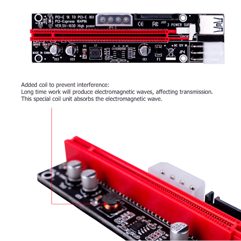 PCI-E 1x To 16x Powered Riser Cable - USB 3.0 GPU Extender For Mining Rigs