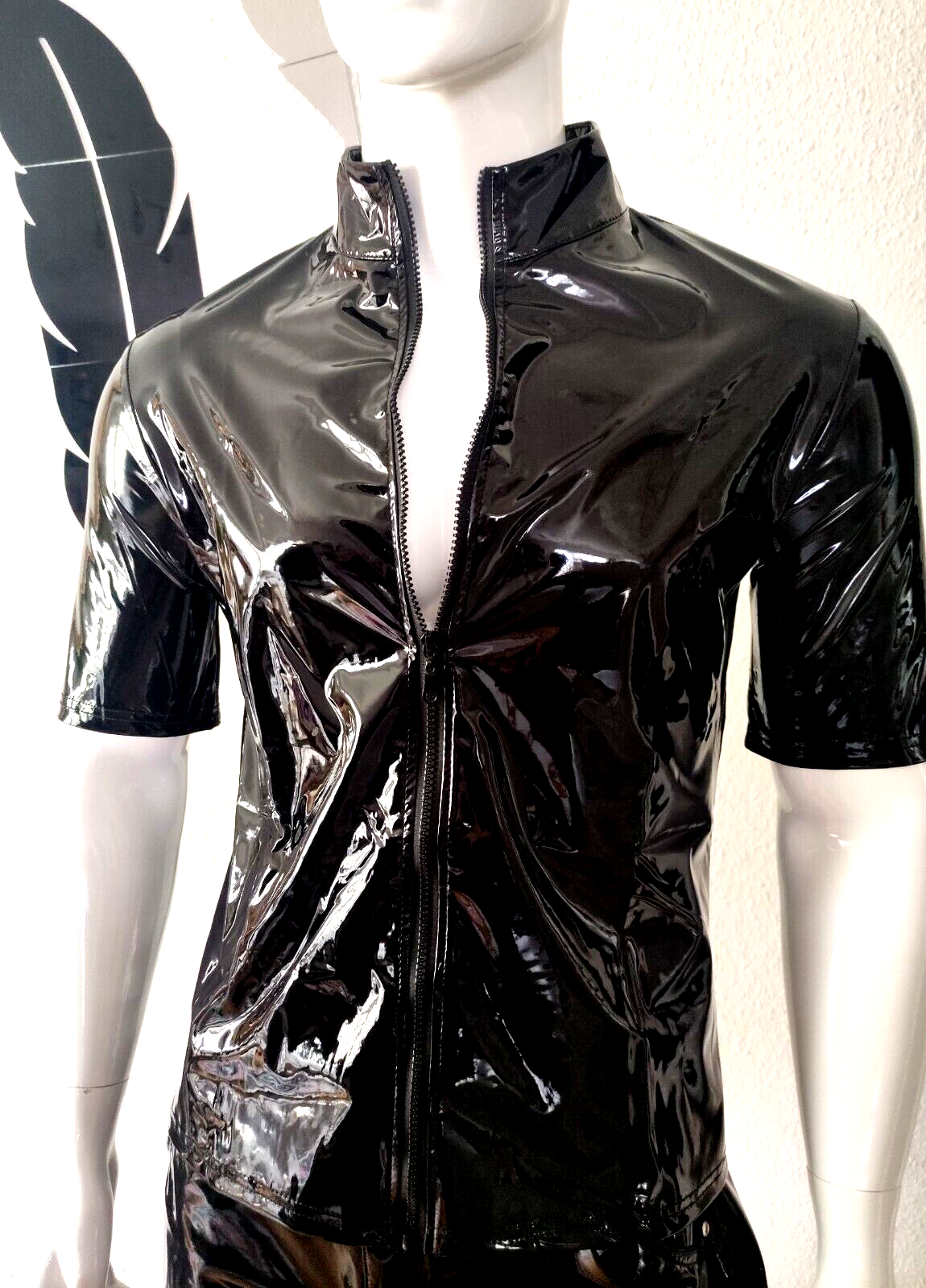 ALTRA Nuovo per uomo! Camicia pelle verniciata lucida manica corta vernice sexy cerniera lucida a specchio Black M