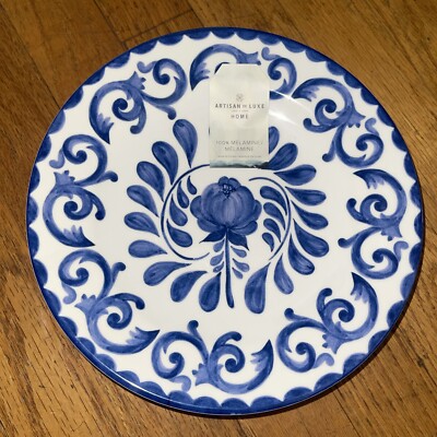 4 Artisan De Luxe Blue Rose Scroll 9  Shallow Bowls Thick Salad Pasta Melamine