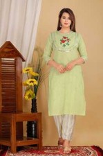 Women's Amazing Light Green Kurti Pant Set with Heavy Embroidery Work Party Item