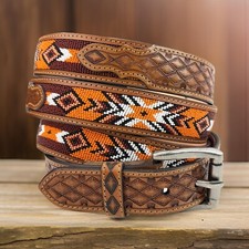 Beaded Western Belt Cowboy Rodeo Full Grain Leather Hand Tooled Removable Buckle