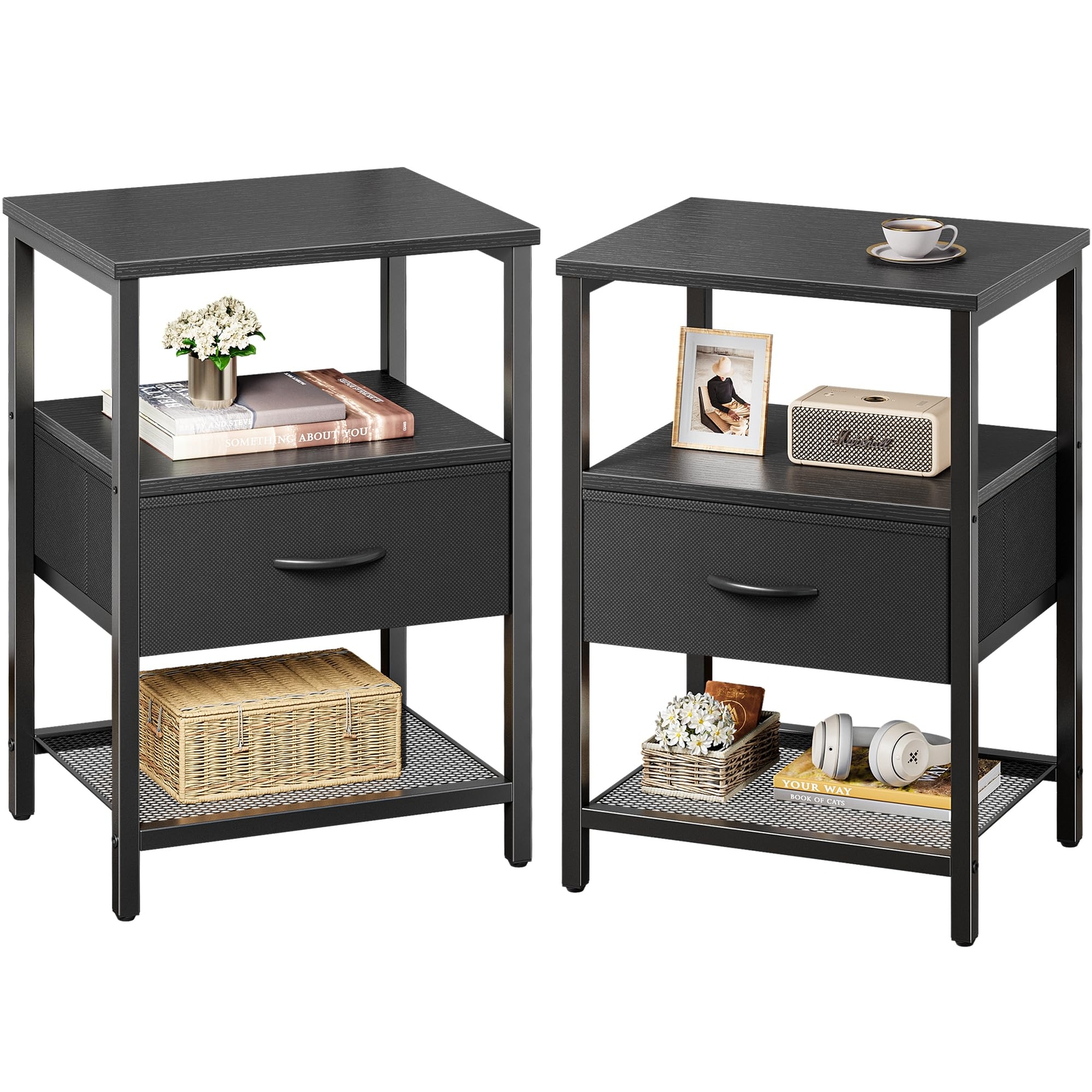 2-Tier Nightstand Set with Fabric Drawer & Mesh Shelf - Modern Side Tables for Bedroom-image
