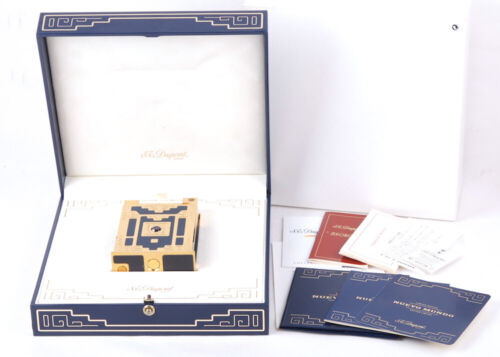 Juego completo de encendedor de mesa S.T.Dupont 1998 Nuevo Mundo dorado en caja de brocado - Imagen 2 de 11