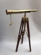 Telescope On Wooden Tripod Stand 18 inch Nautical Marine Spyglass Brass Desktop