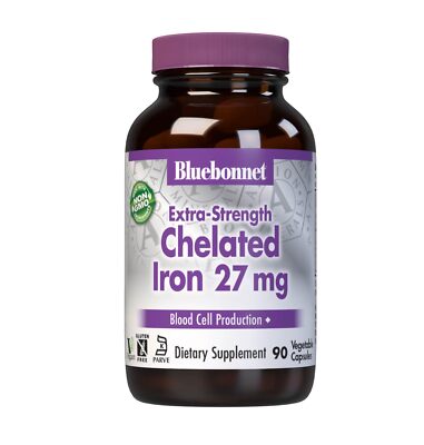 Bluebonnet Albion Extra Strength Chelated Iron 27mg 90 Vegan Capsules Non GMO