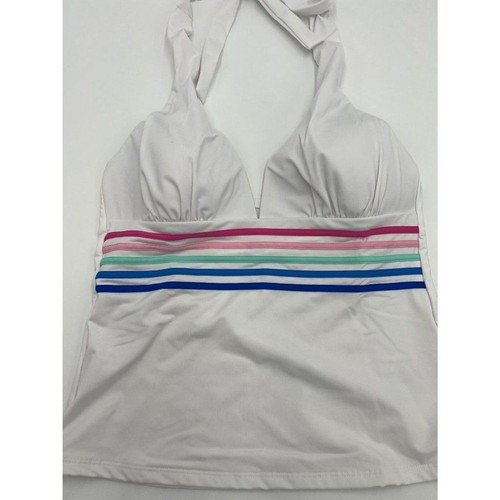 La Blanca Rainbow Striped Deep V Halter Tie Neck Tankini Swim Top White Size 4 - Picture 3 of 6